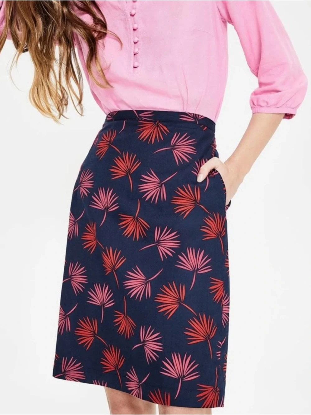 Boden Scattered‎ Holiday Palm Print A-Line Cotton Skirt Navy Blue & Pink Size 4